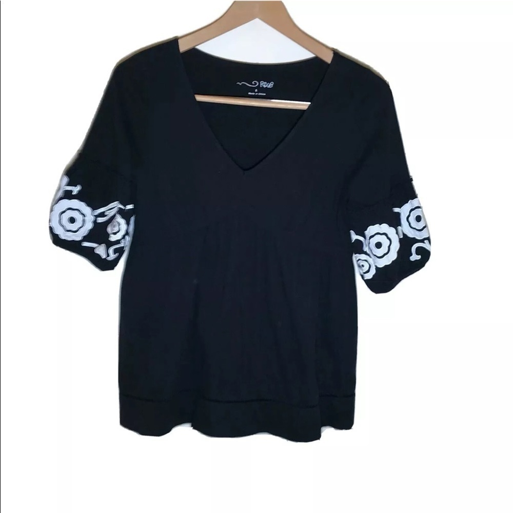RXB Womens Babydoll Top Size S Puff Sleeve Appliqué Black V Neck‎ 100% Cotton